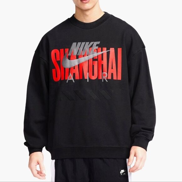 Nike Air Vintage Shanghai Crewneck Sweatshirt Black Red HJ0305-010 Men's Medium - Picture 1 of 12